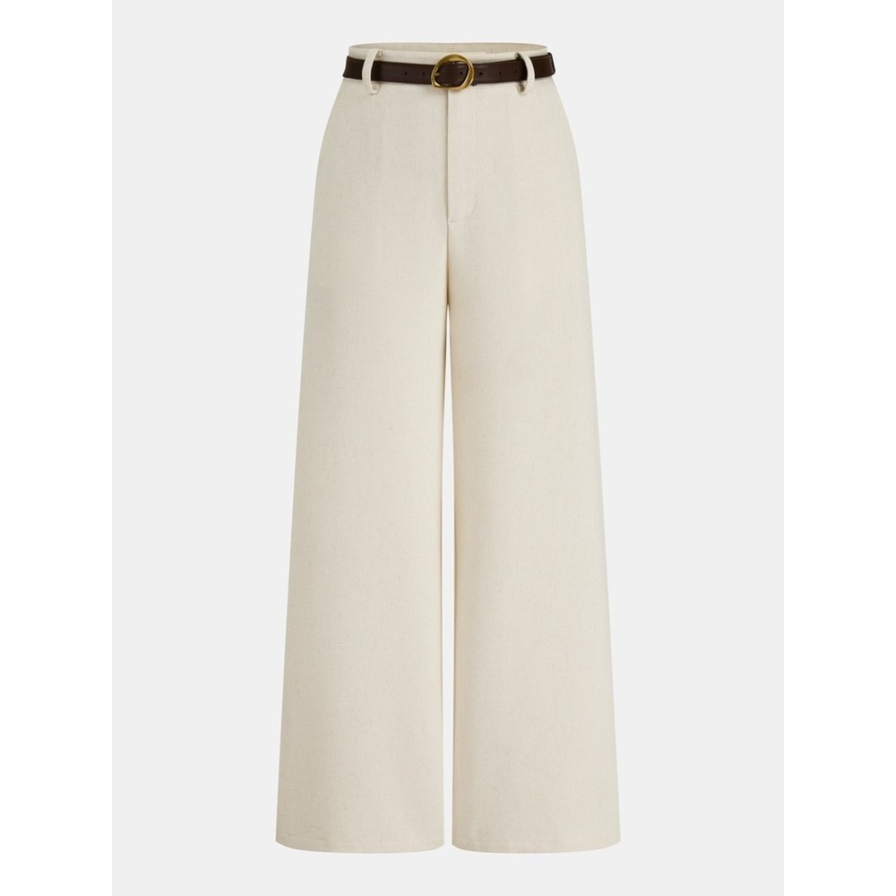 Commense Wide Leg Trousers Textured Woven With Belt Women M Beige New With Tags